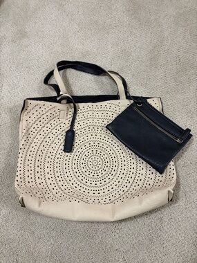 Beige and Black Perforated Tote Bag with Removable Pouch
